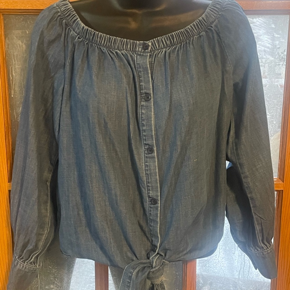 Sanctuary Dark Denim Button-Front Tie-Hem Blouse
